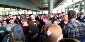 Lining up outside the Convention Center.