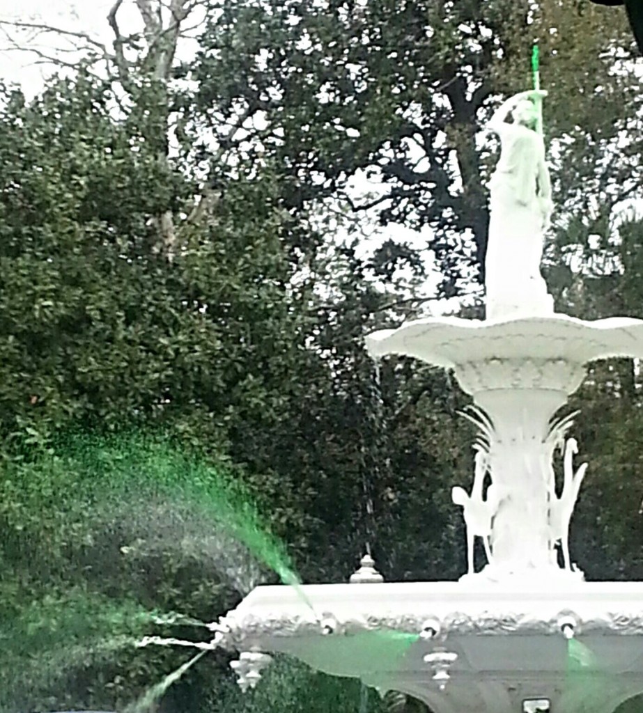 The first sighting of the green water as the fountain changes color.