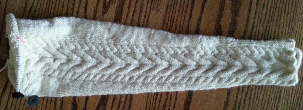 Sleeve #1 of the cabled aran cardigan I wrote about in an earlier post.  This thing was started and "unknit" twice before I got a sleeve that looked like it was supposed to and was the correct size. 