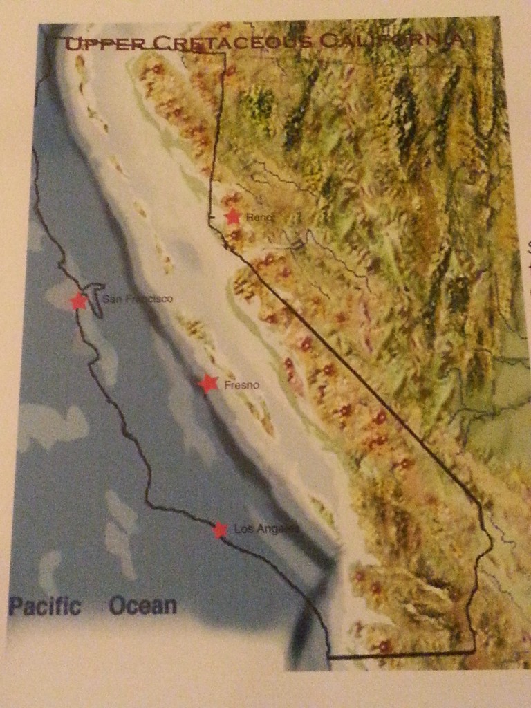 A map of early North America show that Reno once boasted ocean-front property. Our state fossil is the Ichthyosaur, a predatory marine mammal.  NOTE: the Ichthyosaur is NOT a dinosaur.  It does not have the correct hip structure to be classified as such; it was a swimmer and did not "walk like a chicken". Further trivia: G